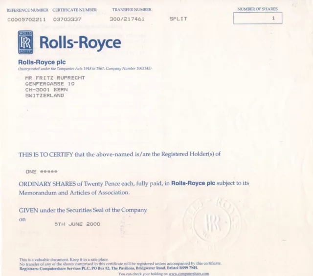 Rolls-Royce plc -  Split-Zertifikat über 1 Aktie - 2000