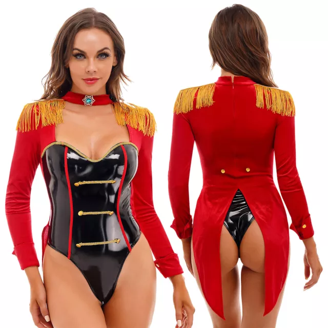 Women Patent Leather Bodysuit Halloween Circus Ringmaster Swallow-Tailed Costume