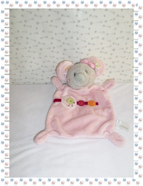 A - Doudou Semi Plat Souris Rose Grise Oiseau Ronds Broderies Ronds  Nicotoy