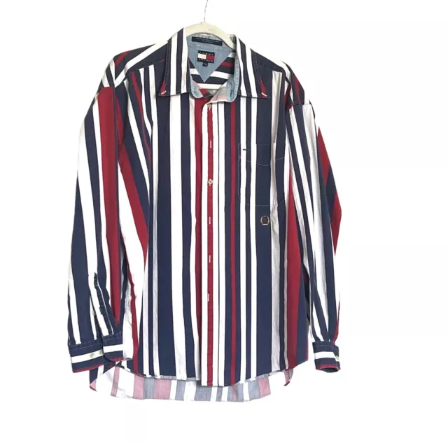 Vintage 90s Tommy Hilfiger Button Down Shirt Men’s XL Red Blue Striped w/ Crest