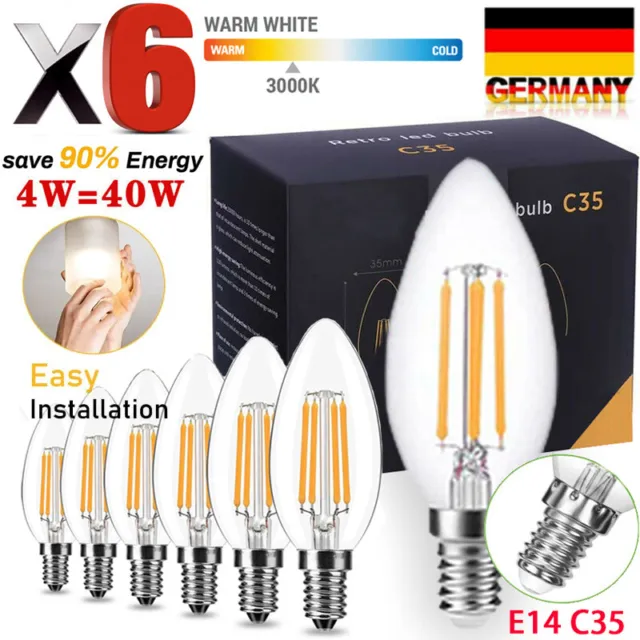 6xLED Glühbirne Leuchtmittel E14 C35 Dimmbar Kerze Birnen 4 Watt Warmweiss 2700K