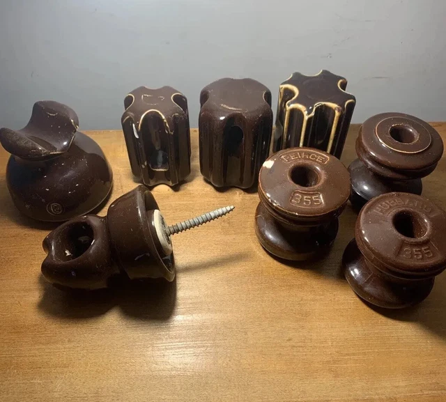 Lot Of 8 Brown Glazed Ceramic Porcelain Electric Power Line Insulators Vintage