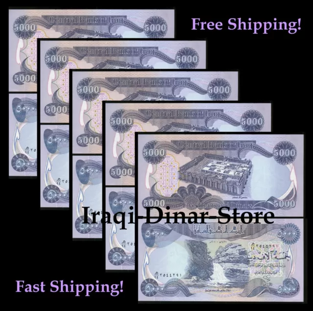 25000 New Iraqi Dinar Uncirculated 25,000 5 X 5,000 Dinar Bank Notes - Lot of 5