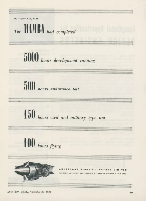 1948 Armstrong Siddeley Motor Ad Mamba Propeller Turbine Aircraft Engine Tests