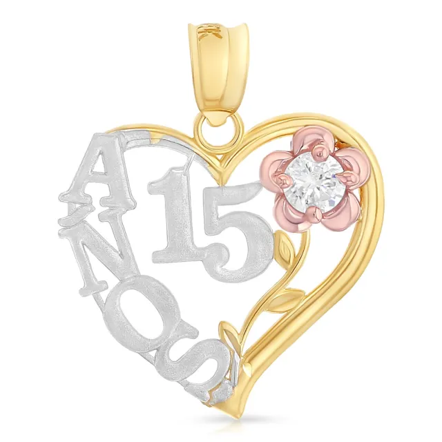 14K Tri Color Gold 15 Anos 15 Years Birthday Quinceanera Heart Pendant Charm