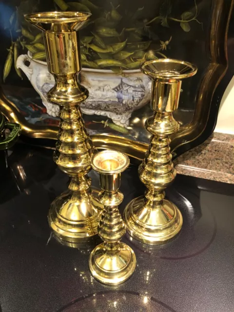 Virginia Metalcrafters Beehive Brass Candlesticks Set 3