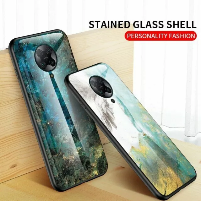 For Xiaomi Poco F2 Pro Glossy Marble Tempered Glass Shockproof Hard Case Cover