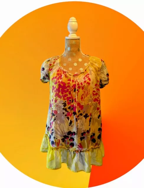 LIZ LANGE MATERNITY Women's Yellow SHEER Floral Short Sleeve Tunic Top Sz Small