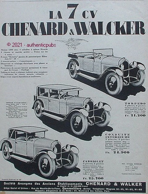 Publicite Chenard Walcker La 7 Cv Automobile Cabriolet Torpedo De 1927 Ad Pub