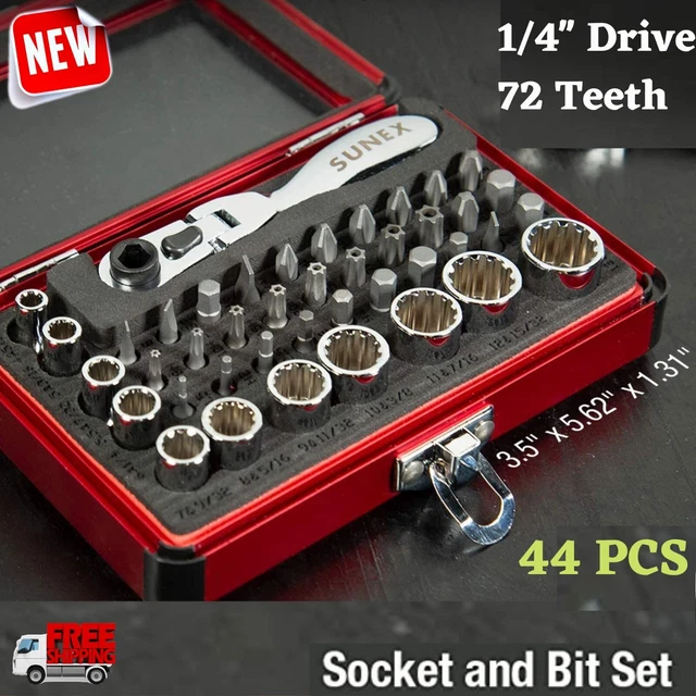 1/4'' DRIVE FLEX Head Ratchet Metric SAE Spline Socket Bit Set Tight