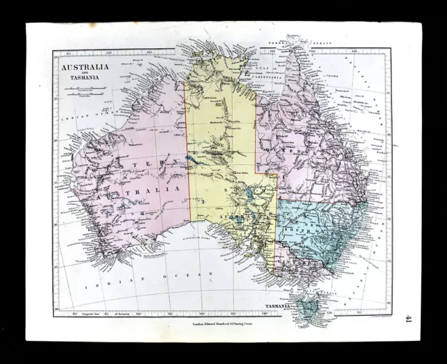 1885 Stanford Map Australia Sydney Melbourne Adelaide Brisbane Perth Antique