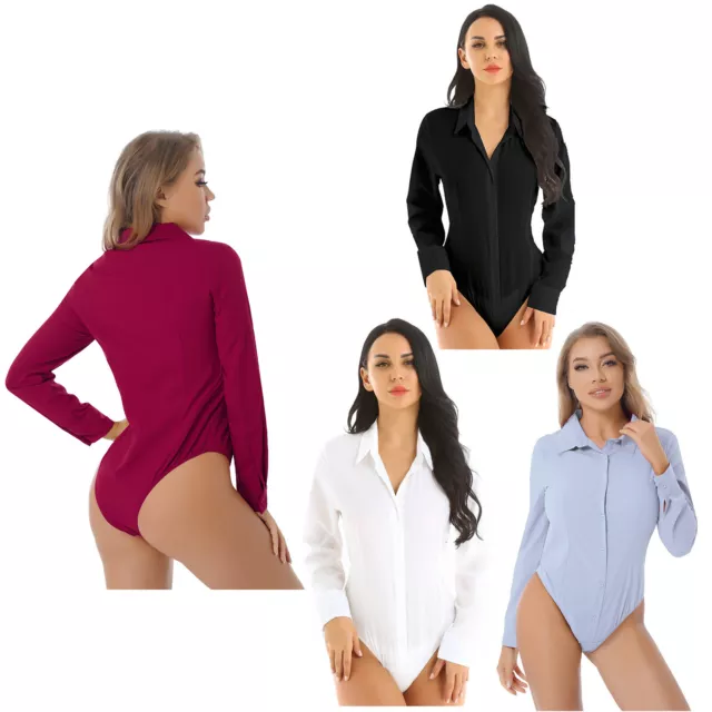 Women's Bodysuit Shirt Work Blouse Top Button Down Long Sleeve One-Piece  Leotard