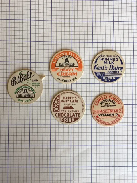 Lot Of 5 New York Mass WA Milk Bottle Caps Kent’s B Ball, Lowell’s Eaton’s G10