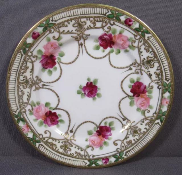 ANTIQUE Nippon "M"6.25" Plate Hand Painted Porcelain Pink Red Roses Gold Moriage
