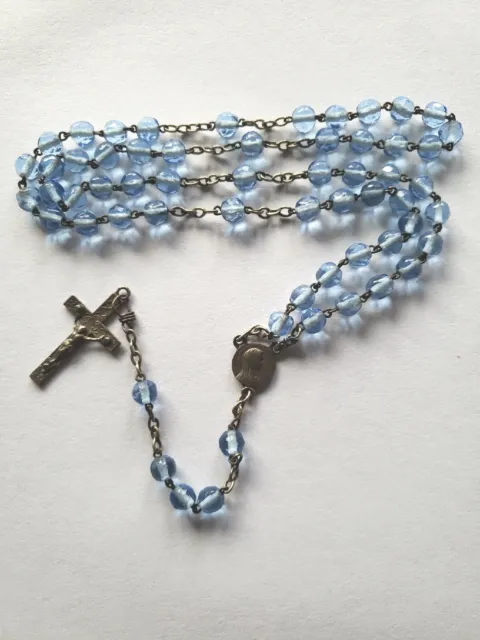 Vtg Small Blue Glass Beads Rosary Lourdes Center Medal Crucifix
