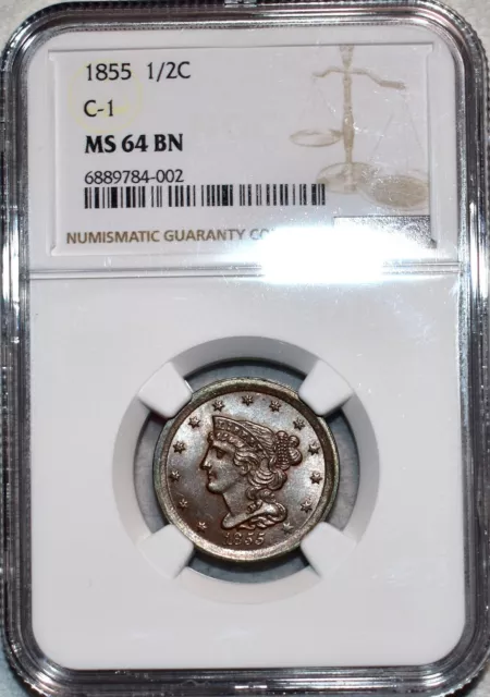 NGC MS-64 BN 1855 Braided Hair Half Cent, Razor-Sharp, Blazing specimen!