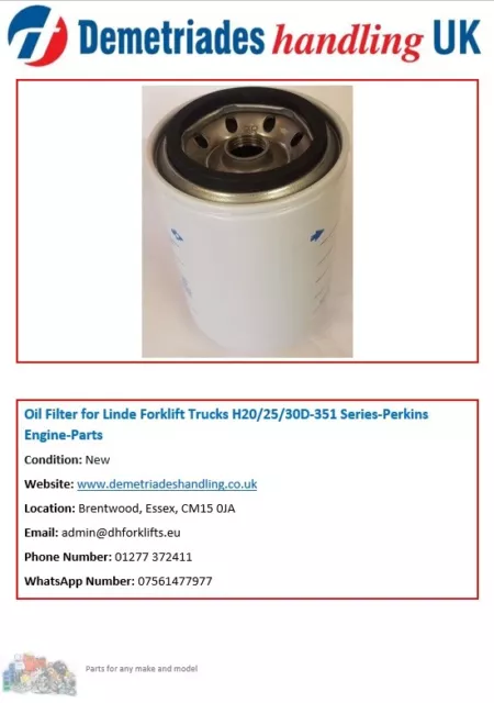 Oil Filter for Linde Forklift Trucks H20/25/30D-351 Series-Perkins Engine-Parts