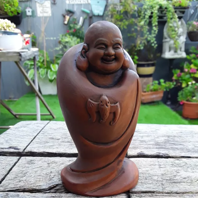 ORIENTAL CHINESE FRUITWOOD CARVED BUDDHA FIGURINE WITH BAT APPROX 13cm HIGH