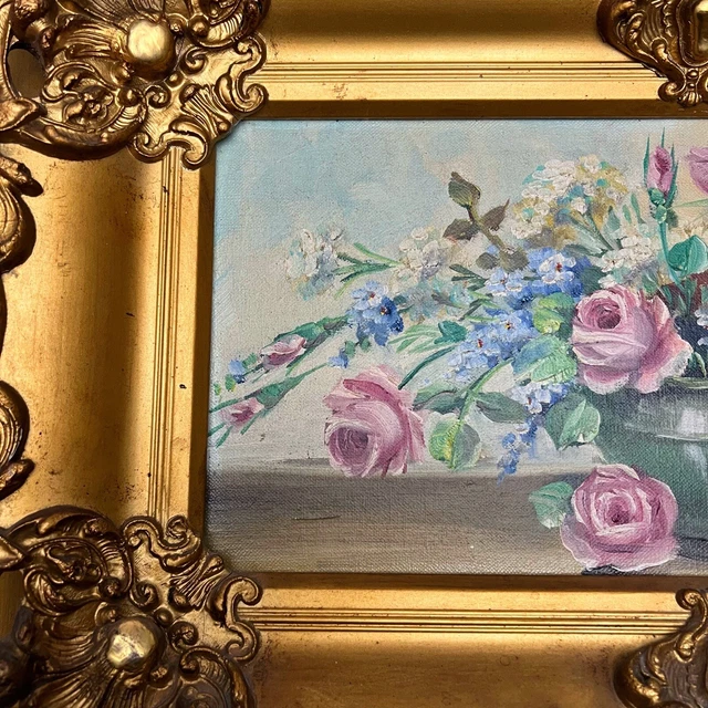 JE Judge (Janet Greenleaf) Roses Phlox Floral Vase Oil Painting Ornate Framed 3