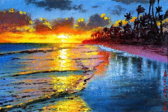 ORIGINAL Oil Painting Handmade Arseni ~ PARADISE COAST 6" X 4" NO FRAME USA 2