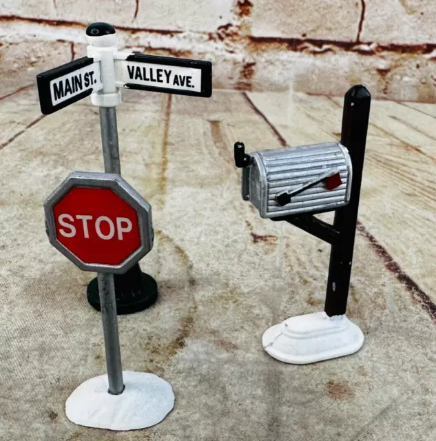vtg mini metal stop sign street sign & mail box Christmas village parts