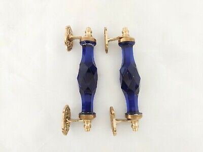 Pair Vntg. Look Brass Cobalt Blue Victorian Cut Glass Pull Push Door Handle
