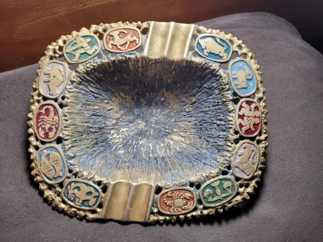 Vintage Brutalist Brass Oppenheim Israel Zodiac Ash Tray.