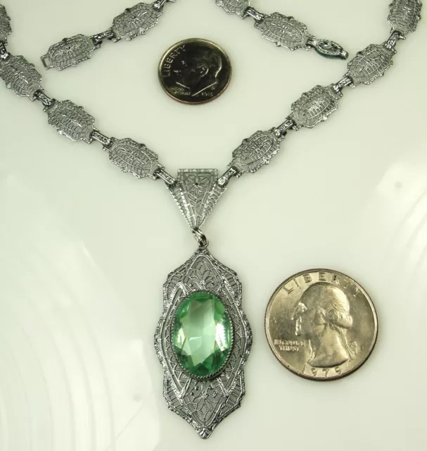 ART DECO FILIGREE Necklace 1930s Green Emerada Crystal 17.75" Rhodium Plated FAB