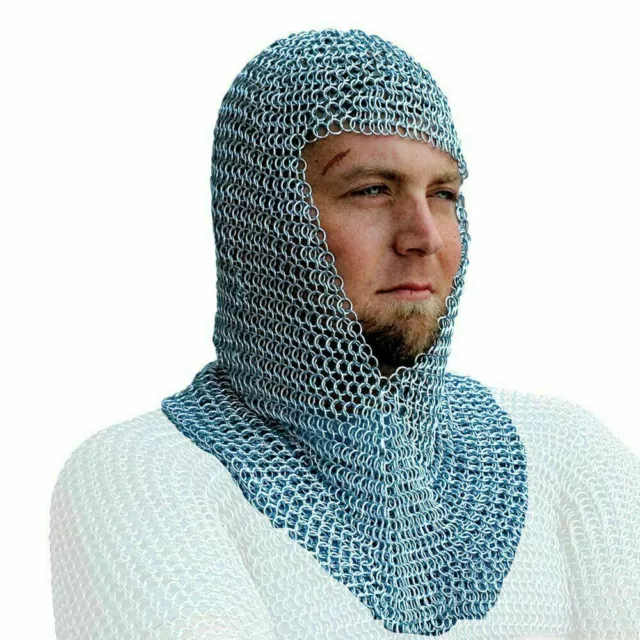 Medieval Chainmail Armor Coif Butted Chain mail Hood Reenactment LARP V Face