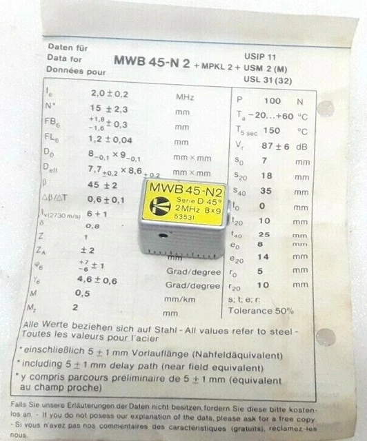 Krautkramer Ultraschall Sonden Mwb 45-N2 Serie D 2MHZ 8x9