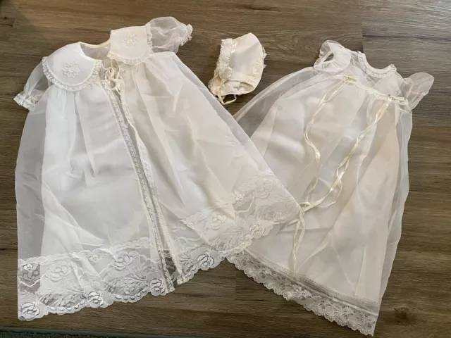 Antique Baby Baptismal Christening Gown Dress Long Sheer Lace 4 Pc. Set Floral