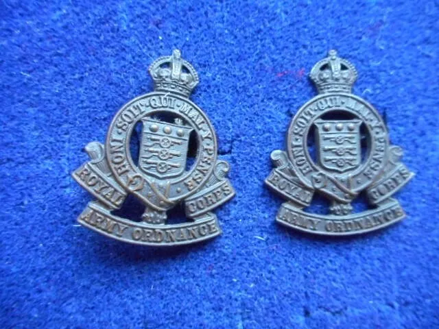 Genuine Ww2 Royal Army Ordnance Corps Officers Bronze Collar Badges Pair