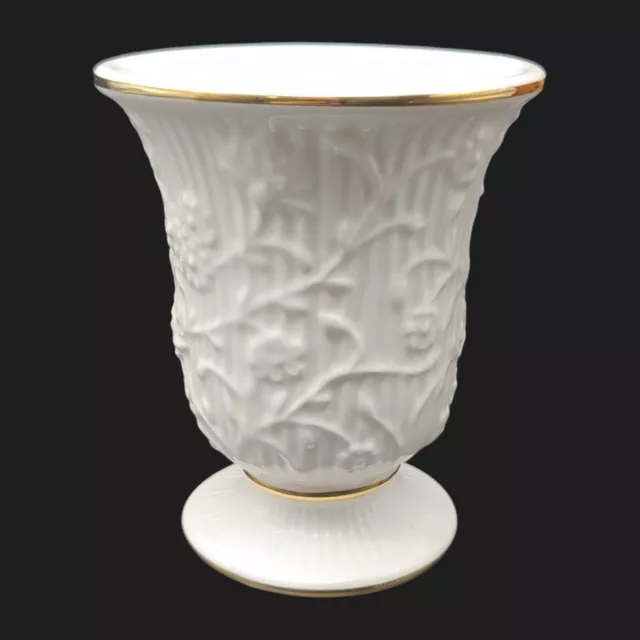 Tommy Hilfiger Porcelain Planter Vase - 4.5" White Gold Trim Floral Relief