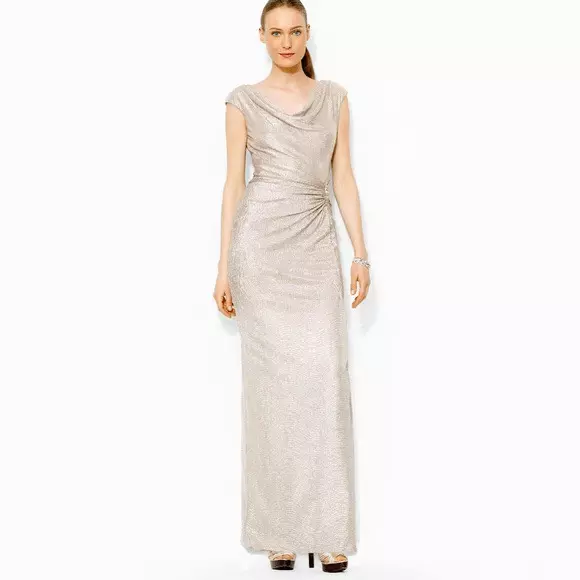 Lauren Ralph Lauren Evening Metallic Gold Maxi Dress Cowl Neck Formal Cocktail