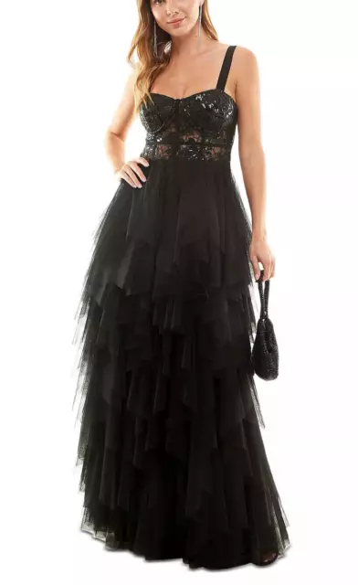 CITY STUDIOS Gown Juniors Size 9 Black Lace Tiered Sequined Bustier NWT $199