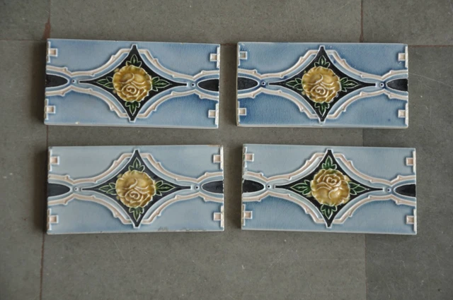4 Pc Vintage Small Majolica Decorative Art Nouveau Architecture Tiles,Japan