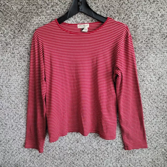 Eddie Bauer Top Womens Medium Red Striped Crew Neck Long Sleeve Tee Cotton