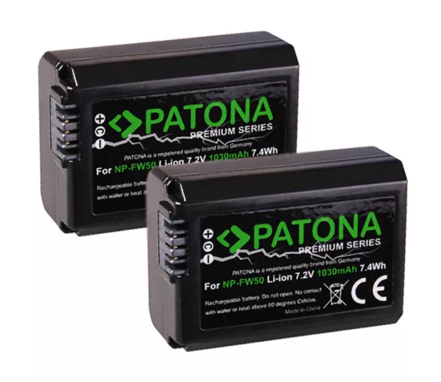 2 x Patona Premium Akku f. Sony Alpha 6000, 6300, 6400, 6500 - NP-FW50 - 1030mAh