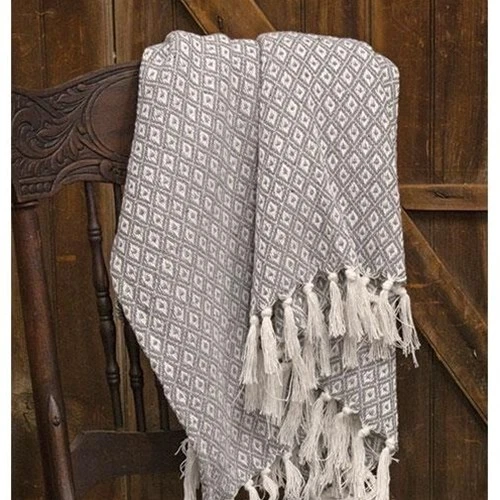 NEW Primitive GRAY DIAMOND THROW White Coverlet Woven Blanket Farmhouse