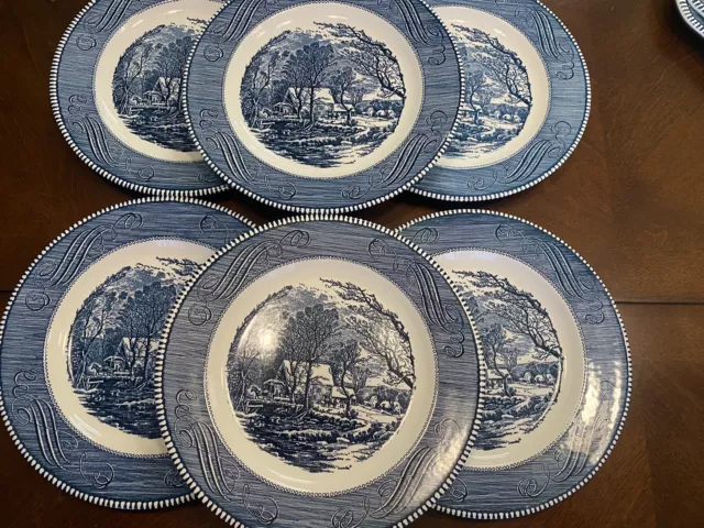 BLUE and WHITE Royal Currier & Ives Old Grist Mill 10” Dinner Plates Set Of 6