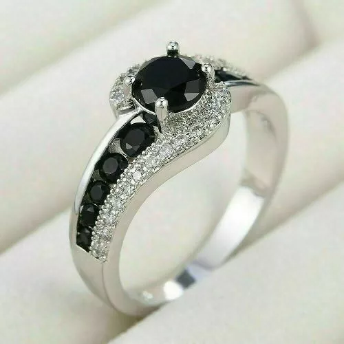 3.50 Ct Round Cut Black Simulé Diamond Swirl Ring Femme 14k White Gold Over 2