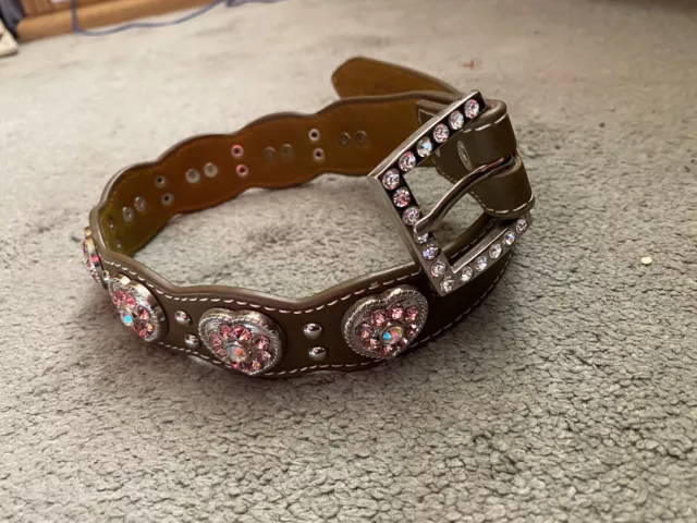 Nocona Girls 24"  Pink Rhinestone  Hearts Western Leather Belt