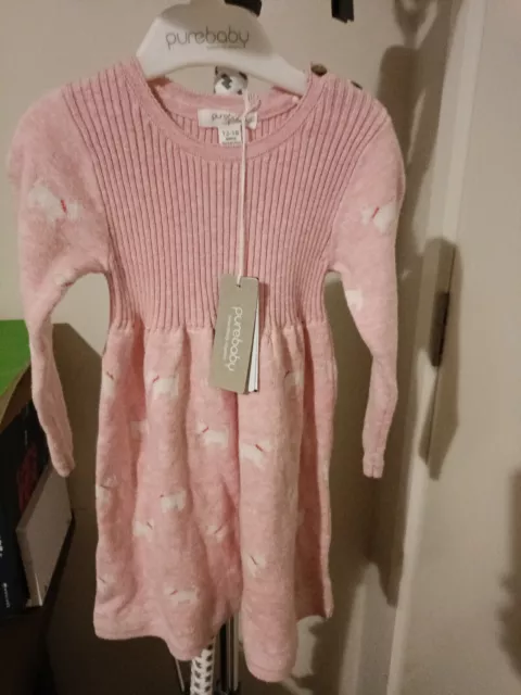 Purebaby baby girl size 12-18 months pink knitted long sleeve dress puppy new