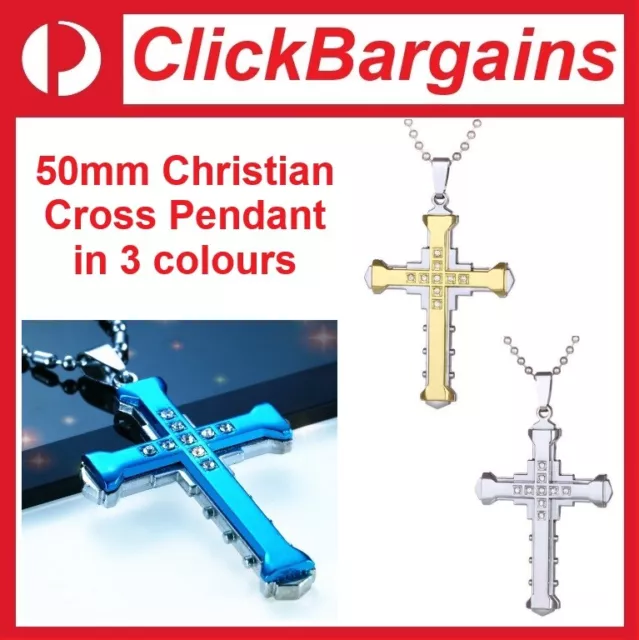 50mm Cross Pendant Necklace Chain Religious Christian Crucifix Gold Silver Blue