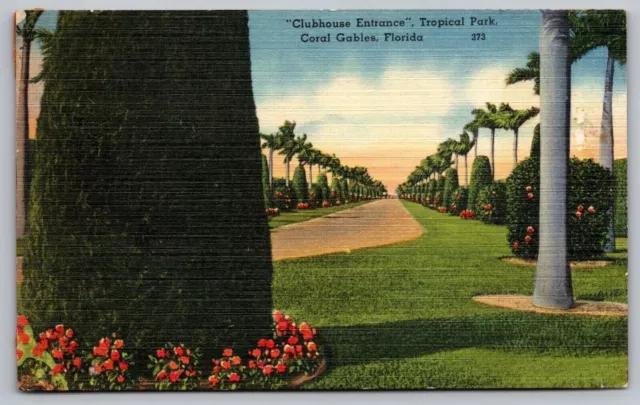 Florida Fl Clubhouse Entrance Tropical Park Coral Gables Linen Wob Pm Postcard