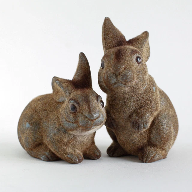 2 Vintage Flocked Fuzzy Easter Bunny Coin Bank Japan Brown Decoration Gift