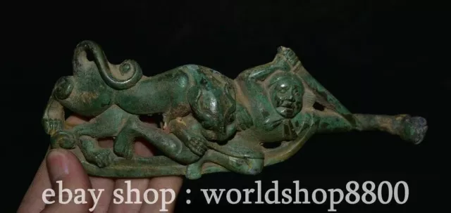 6.8" Old Chinese Shang Dynasty Bronze ware Tiger Eat Figure Hook Gou Statue
