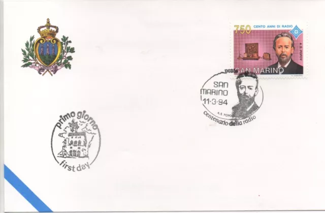 1994 FDC A. A. S. F. N. San Marino Centenaire de La Radio Popov MF64460