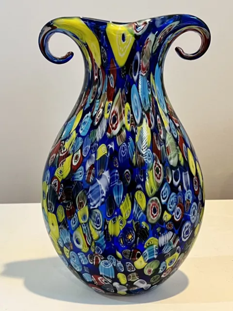 Murano Vase- Large Vintage Amphora  Millefiori Italy Italian Art  Glass-Label On 2