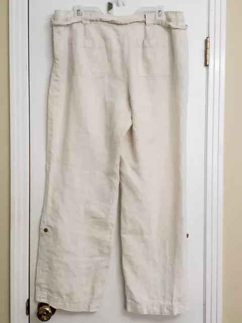 Lord & Taylor 100% Linen Pants High Rise Straight Leg Roll Tab Belted Size 12P 2